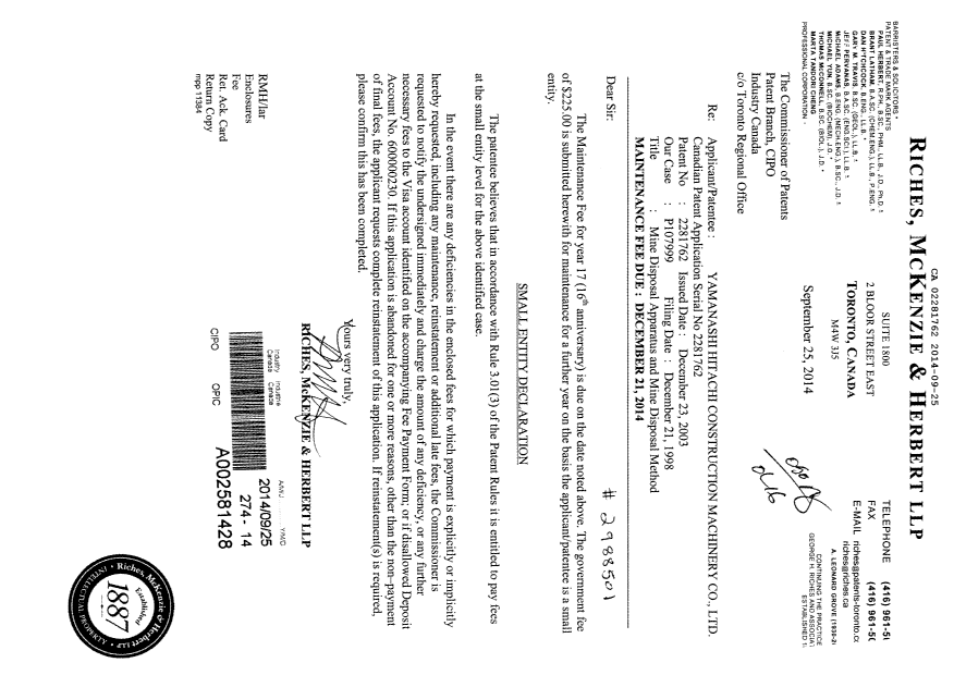 Document de brevet canadien 2281762. Taxes 20140925. Image 1 de 1