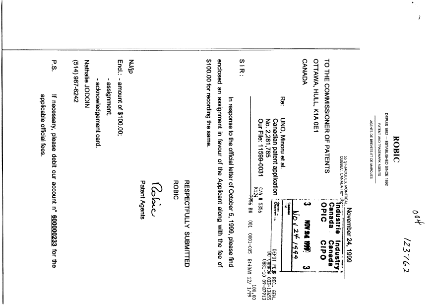 Document de brevet canadien 2281785. Cession 19991124. Image 1 de 2