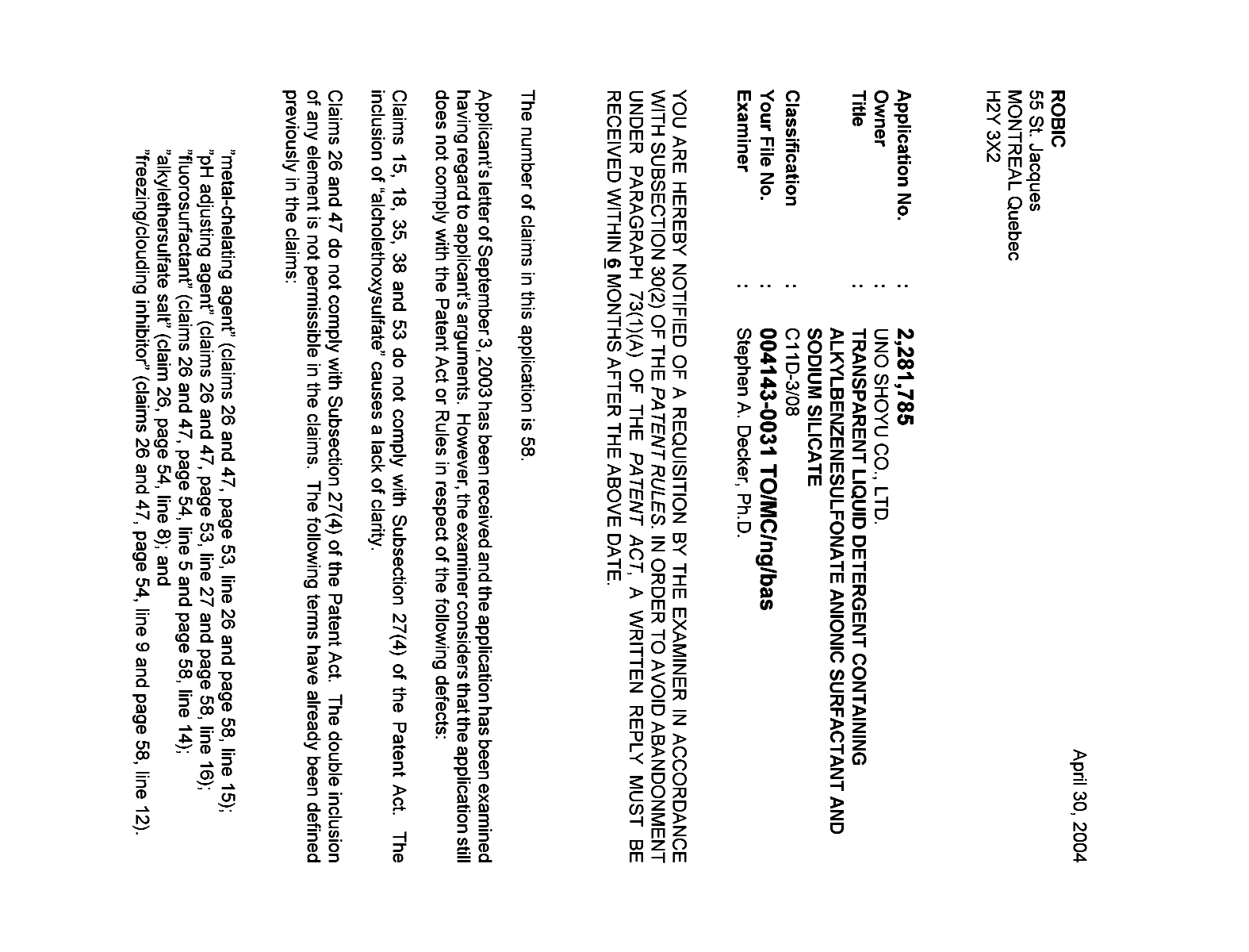 Canadian Patent Document 2281785. Prosecution-Amendment 20040430. Image 1 of 2