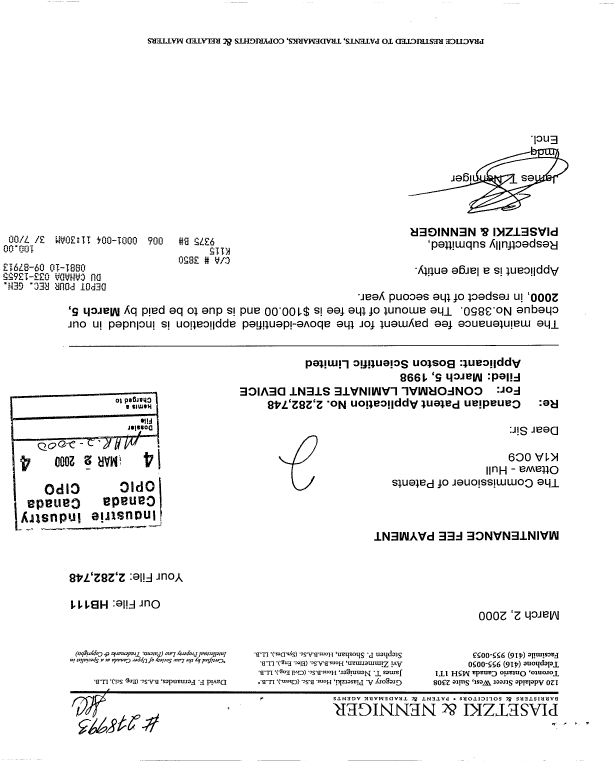 Canadian Patent Document 2282748. Fees 20000302. Image 1 of 1