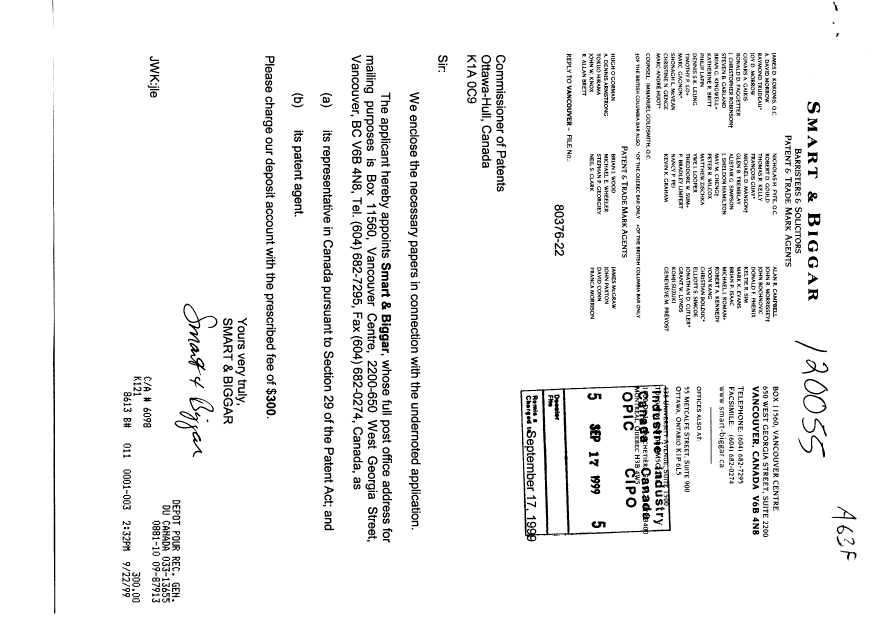 Document de brevet canadien 2282782. Cession 19990917. Image 1 de 3