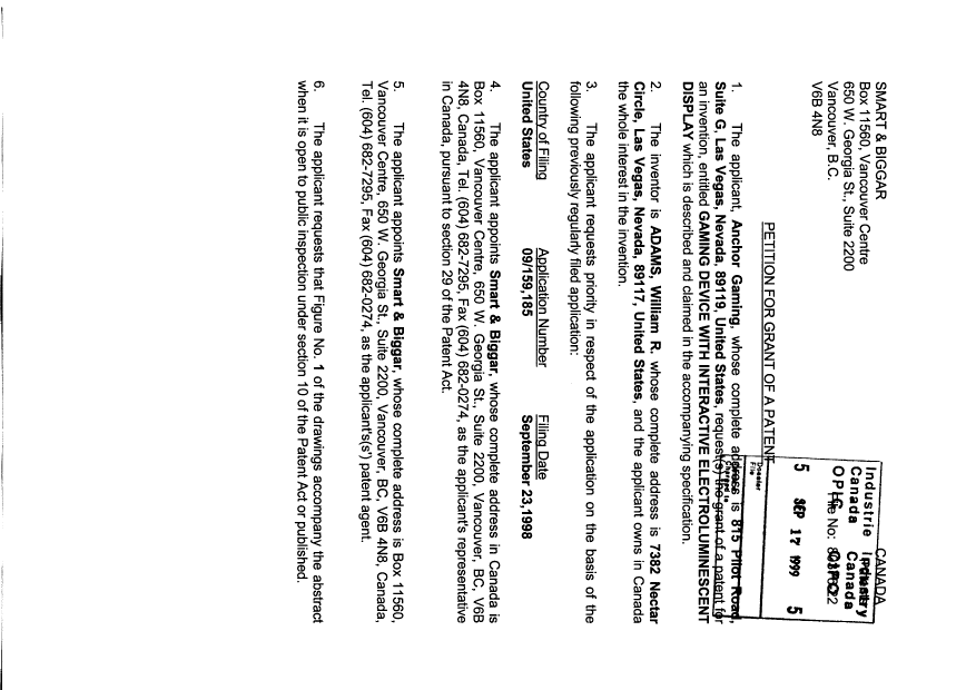 Canadian Patent Document 2282782. Assignment 19990917. Image 3 of 3