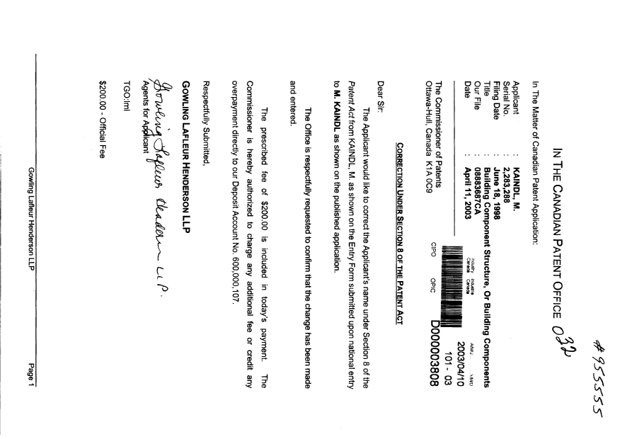 Document de brevet canadien 2283288. Correspondance 20030410. Image 1 de 1