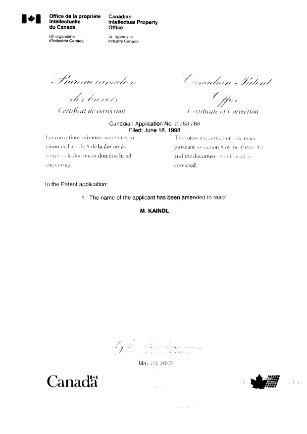 Document de brevet canadien 2283288. Page couverture 20030523. Image 2 de 2
