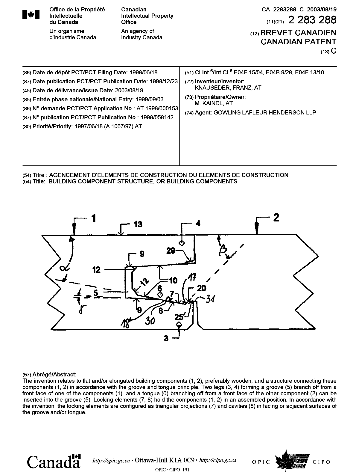 Document de brevet canadien 2283288. Page couverture 20030722. Image 1 de 1