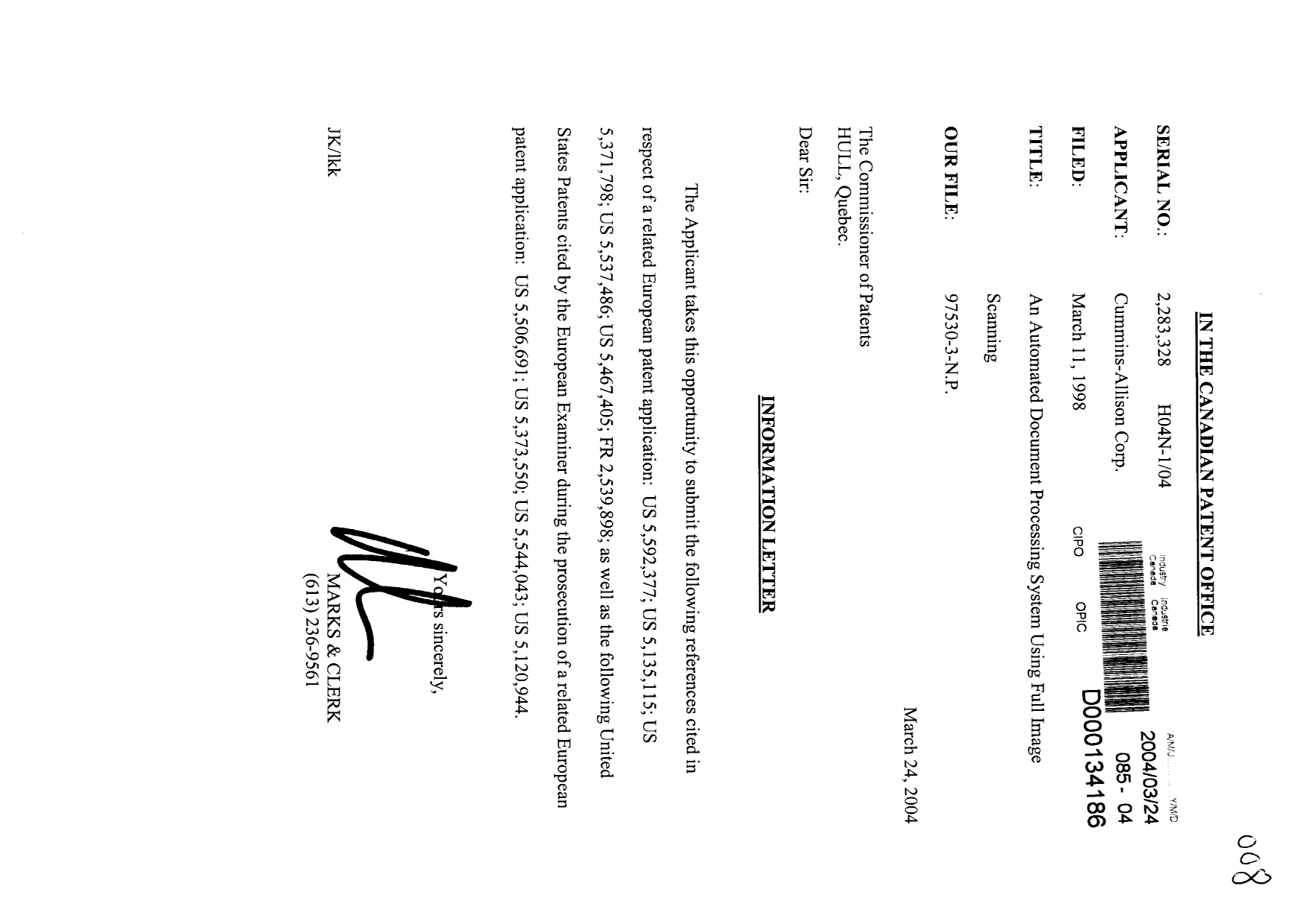 Canadian Patent Document 2283328. Prosecution-Amendment 20040324. Image 1 of 1