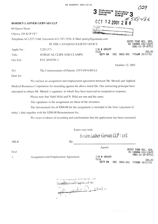 Document de brevet canadien 2283571. Correspondance 20011012. Image 1 de 14
