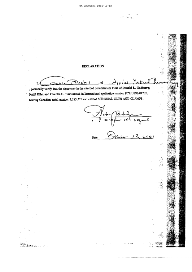 Canadian Patent Document 2283571. Correspondence 20011012. Image 2 of 14