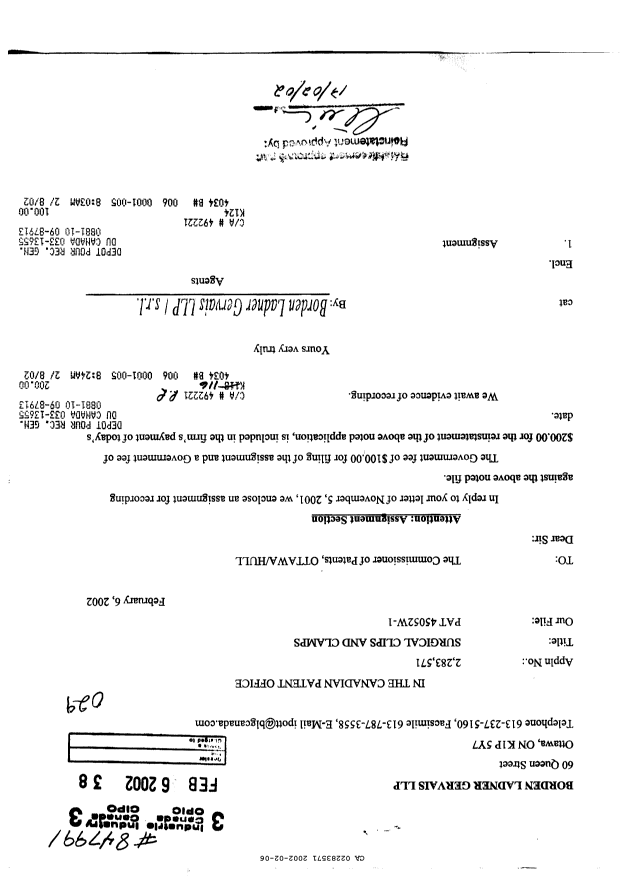 Document de brevet canadien 2283571. Correspondance 20011206. Image 1 de 2