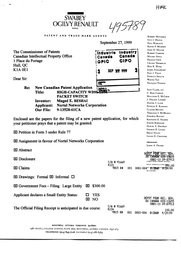 Canadian Patent Document 2283627. Assignment 19990927. Image 1 of 5