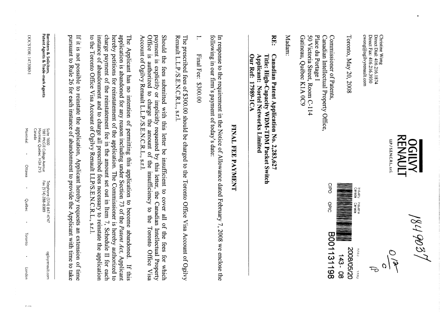 Document de brevet canadien 2283627. Correspondance 20080520. Image 1 de 2
