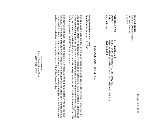Document de brevet canadien 2283728. Correspondance 19991020. Image 1 de 1