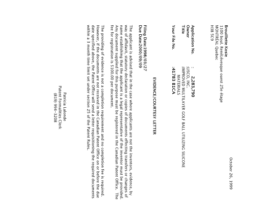 Document de brevet canadien 2283790. Correspondance 19991019. Image 1 de 1