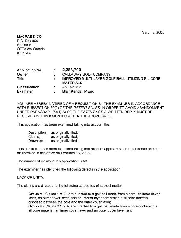 Canadian Patent Document 2283790. Prosecution-Amendment 20050308. Image 1 of 5