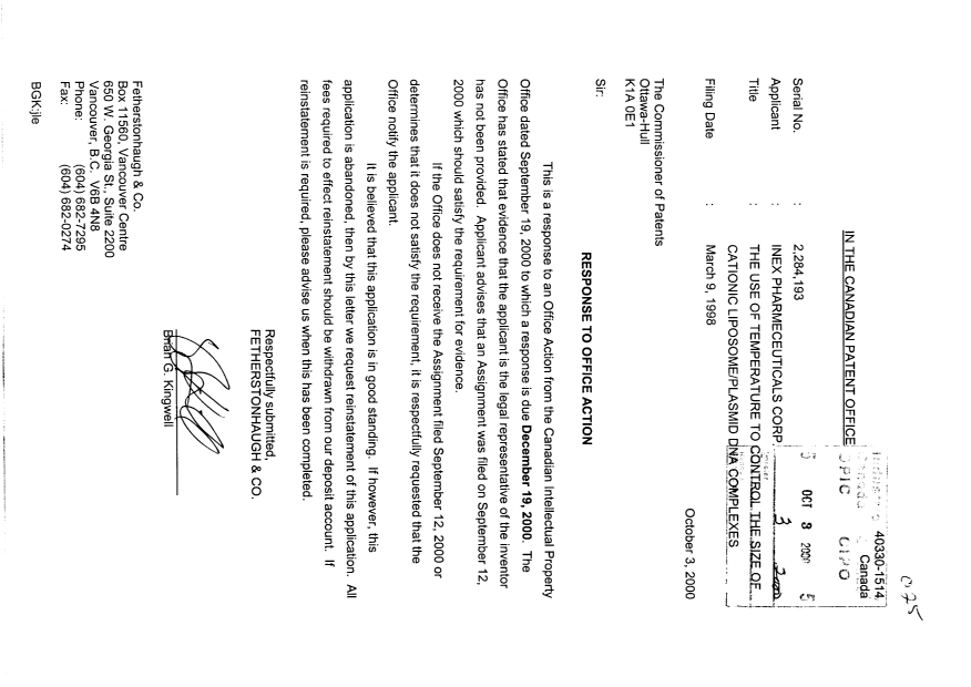 Document de brevet canadien 2284193. Cession 20001003. Image 1 de 1