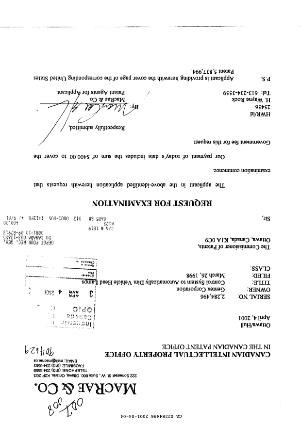 Canadian Patent Document 2284496. Prosecution-Amendment 20010404. Image 1 of 1
