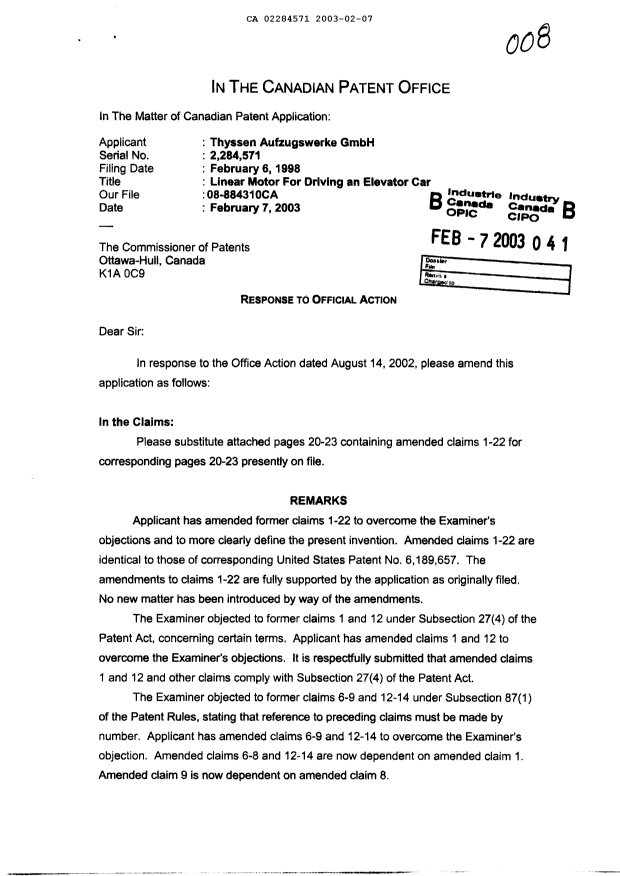 Document de brevet canadien 2284571. Poursuite-Amendment 20030207. Image 1 de 6
