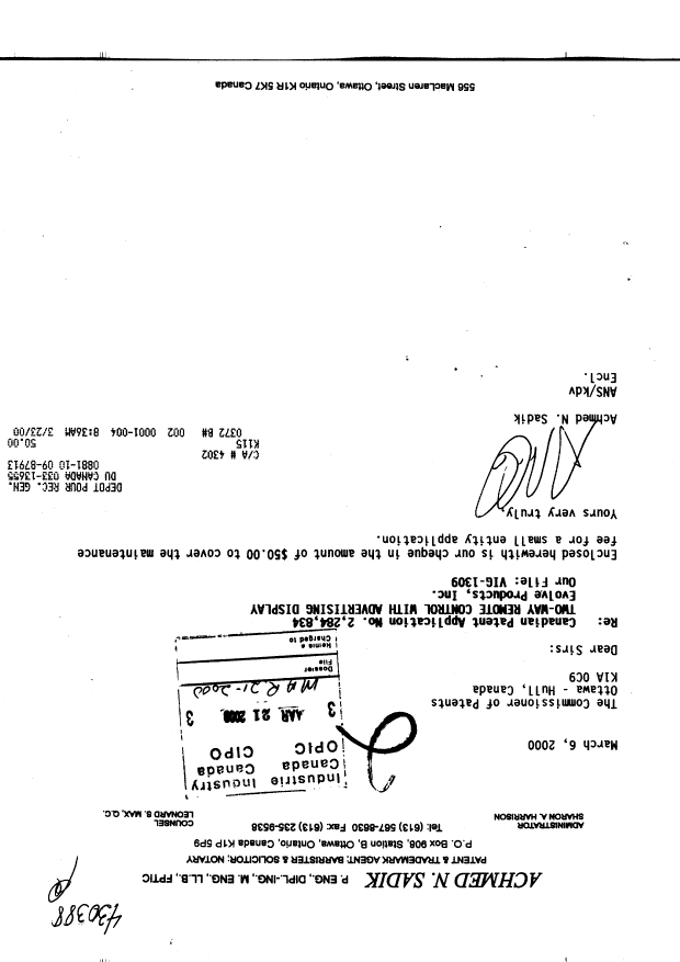 Canadian Patent Document 2284834. Fees 20000321. Image 1 of 1