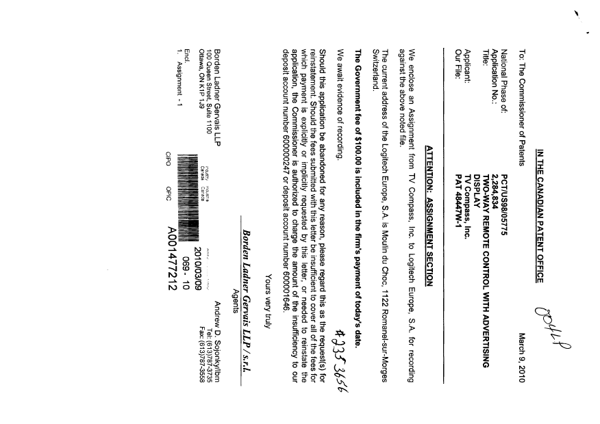 Document de brevet canadien 2284834. Cession 20100309. Image 1 de 36