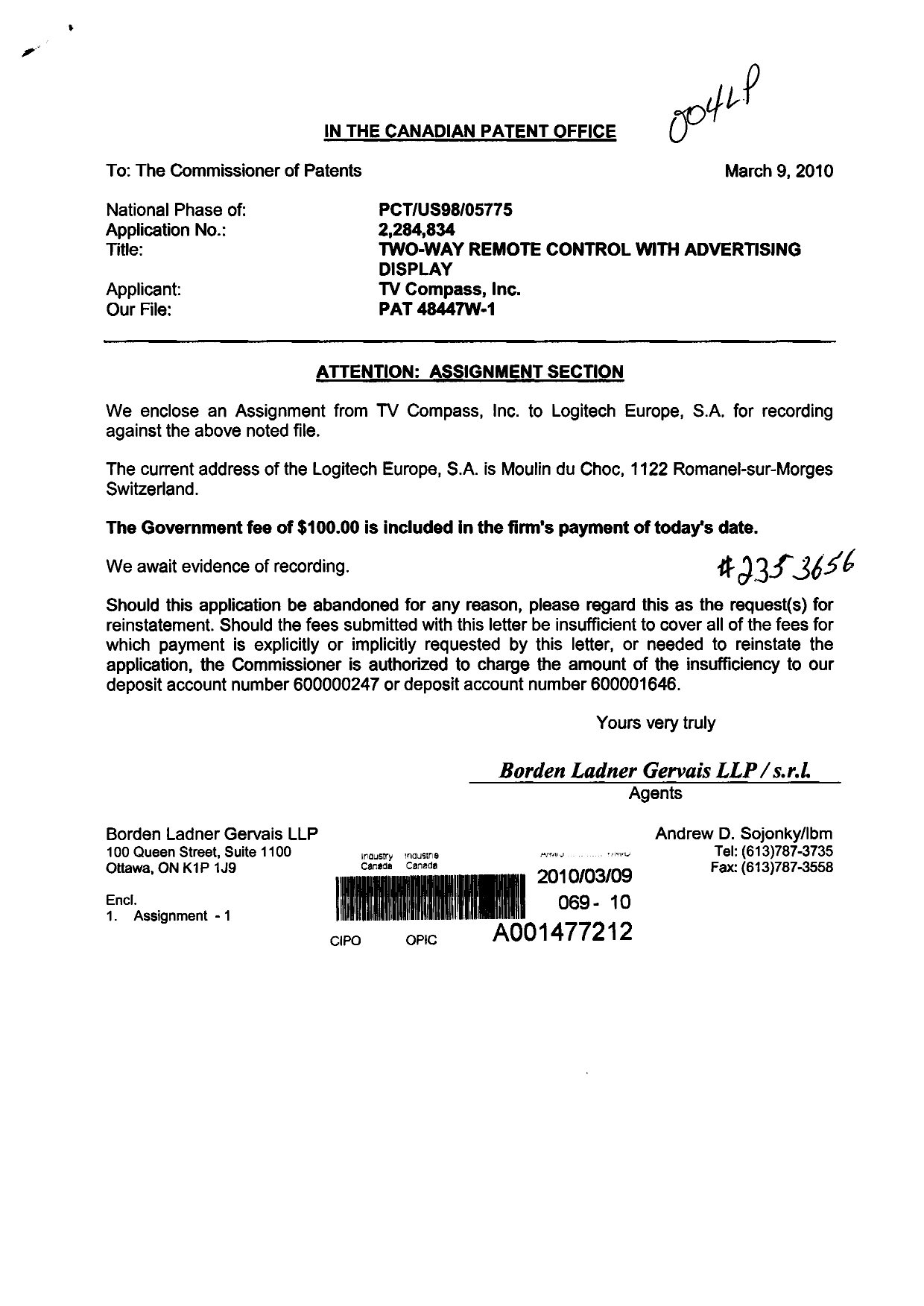 Document de brevet canadien 2284834. Cession 20100309. Image 1 de 36