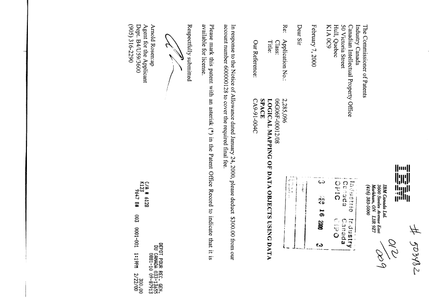 Document de brevet canadien 2285096. Correspondance 20000216. Image 1 de 1