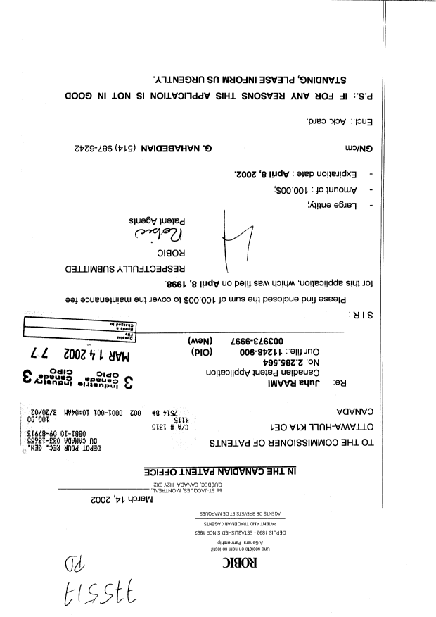 Canadian Patent Document 2285564. Fees 20020314. Image 1 of 1