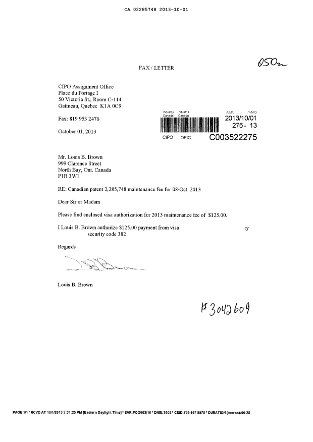 Document de brevet canadien 2285748. Taxes 20121201. Image 1 de 1