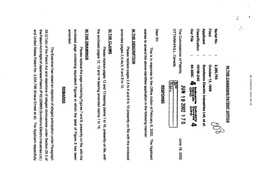 Canadian Patent Document 2285793. Prosecution-Amendment 20020618. Image 1 of 20