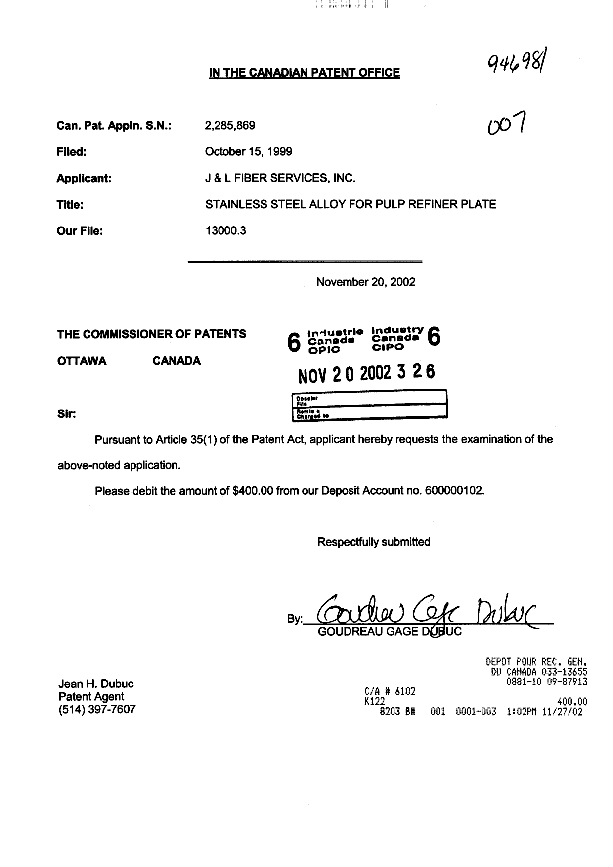 Document de brevet canadien 2285869. Poursuite-Amendment 20021120. Image 1 de 1
