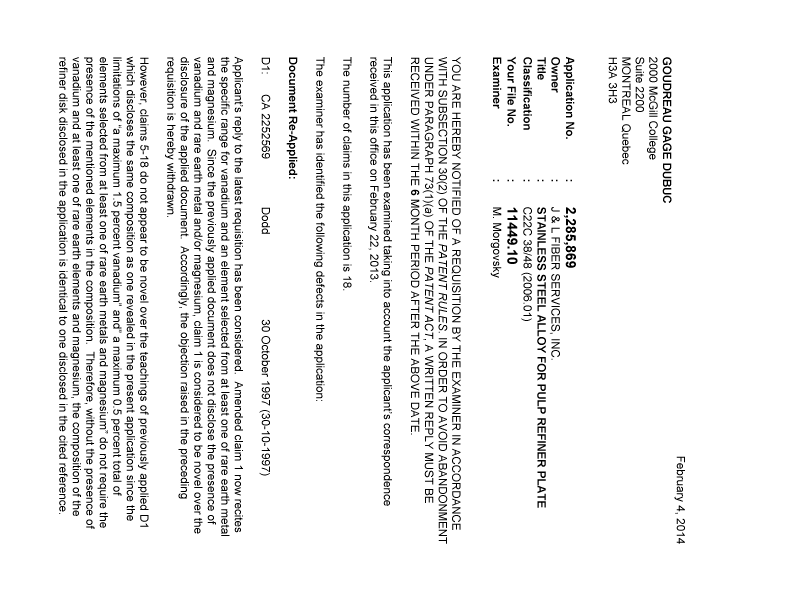 Document de brevet canadien 2285869. Poursuite-Amendment 20140204. Image 1 de 2