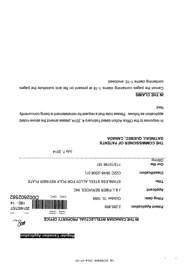 Canadian Patent Document 2285869. Prosecution-Amendment 20140707. Image 1 of 8