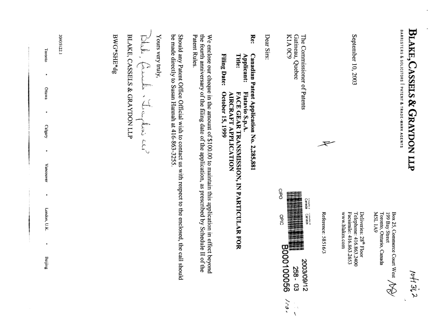 Document de brevet canadien 2285881. Taxes 20030912. Image 1 de 1