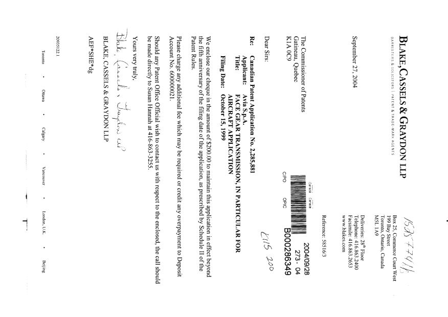 Document de brevet canadien 2285881. Taxes 20040928. Image 1 de 1