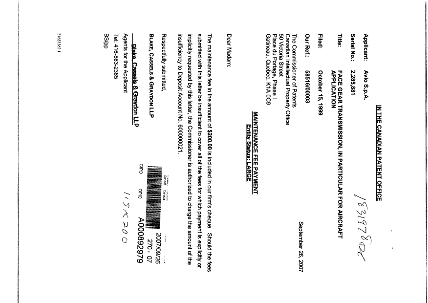 Document de brevet canadien 2285881. Taxes 20070926. Image 1 de 1