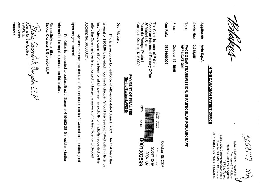 Document de brevet canadien 2285881. Correspondance 20071015. Image 1 de 1