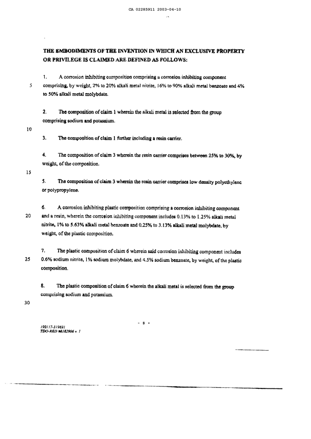 Document de brevet canadien 2285911. Revendications 20030410. Image 1 de 2
