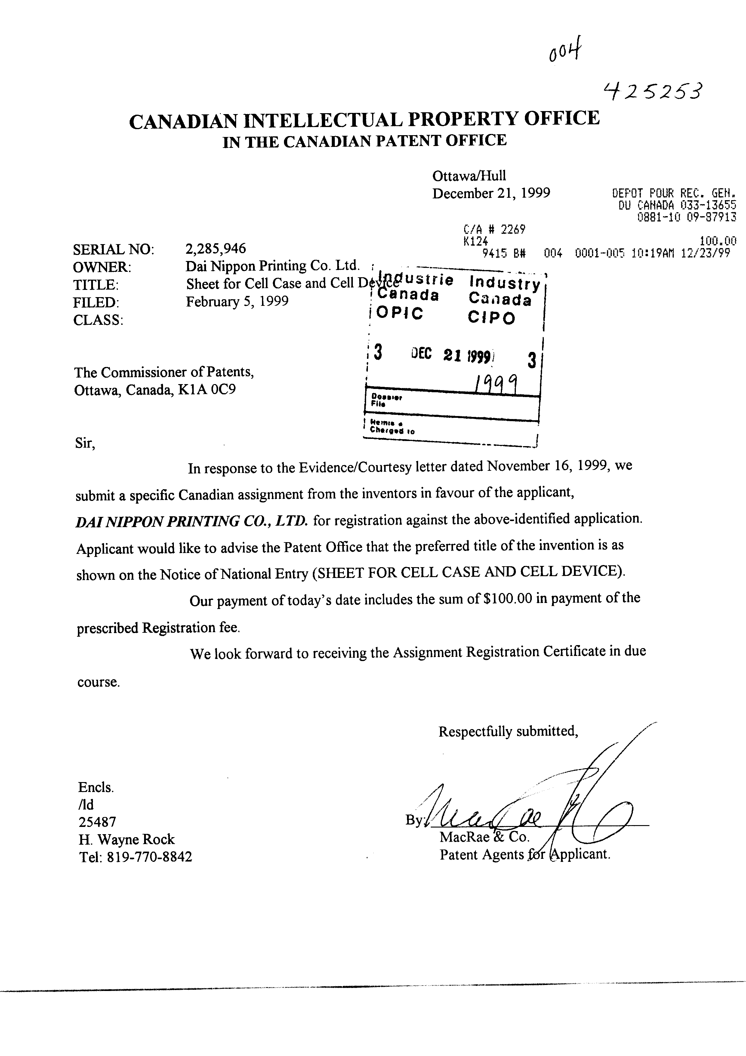 Canadian Patent Document 2285946. Assignment 19991221. Image 1 of 2