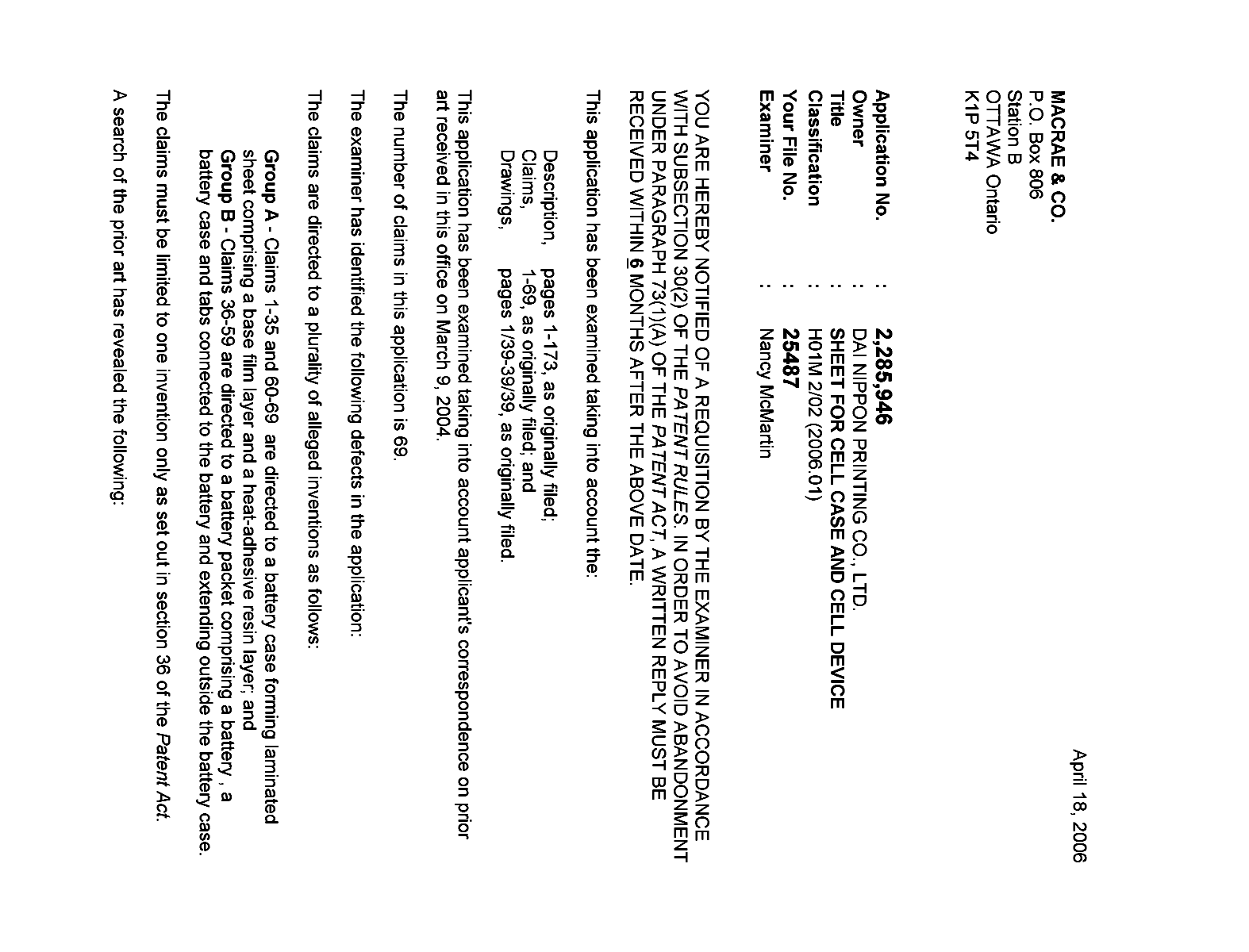 Canadian Patent Document 2285946. Prosecution-Amendment 20060418. Image 1 of 2