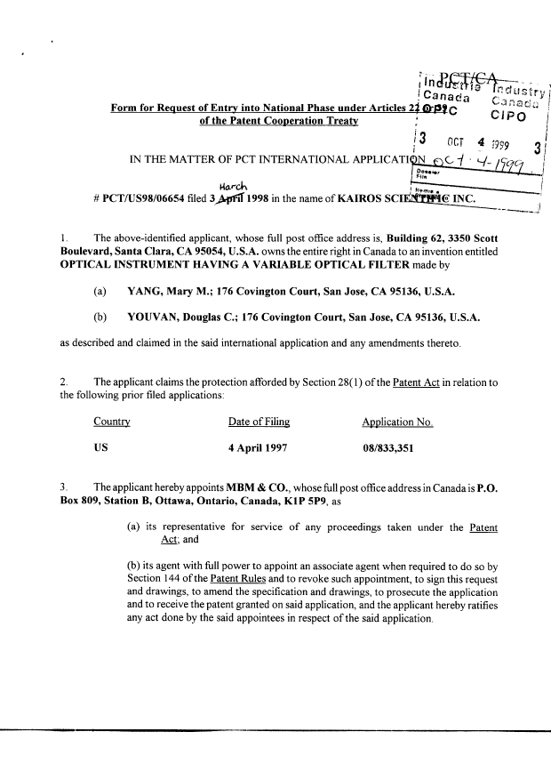 Document de brevet canadien 2286009. Cession 19991004. Image 2 de 6