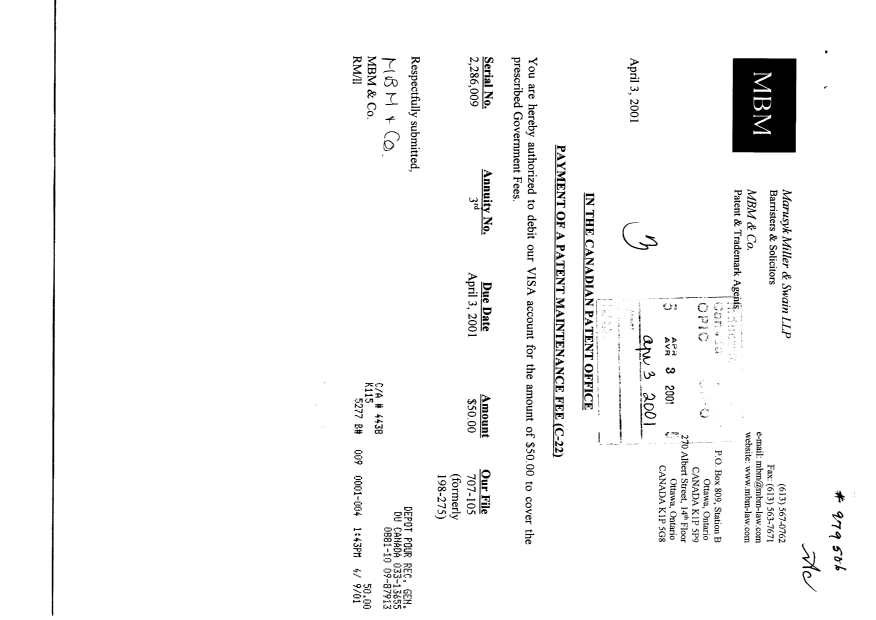 Document de brevet canadien 2286009. Taxes 20010403. Image 1 de 1