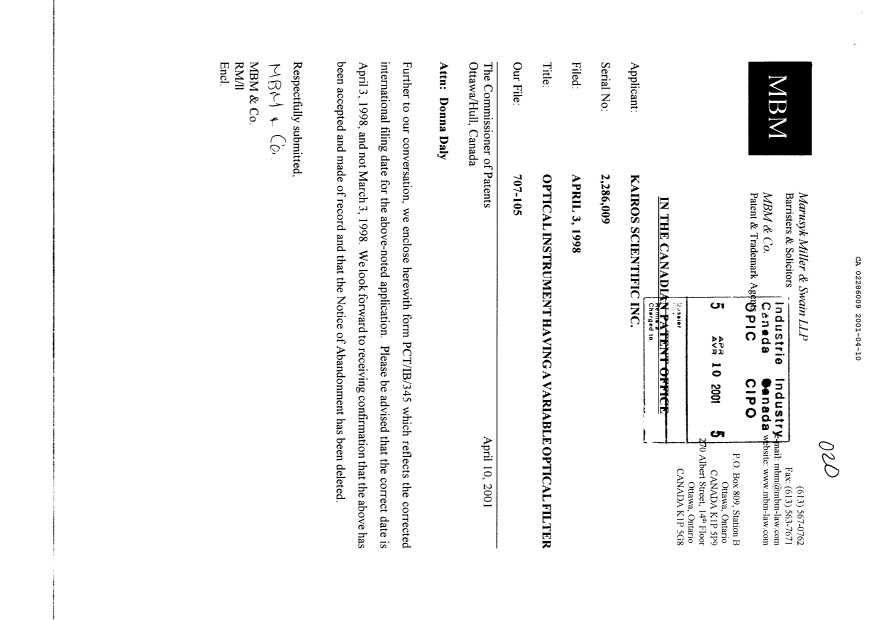 Document de brevet canadien 2286009. Correspondance 20010410. Image 1 de 2