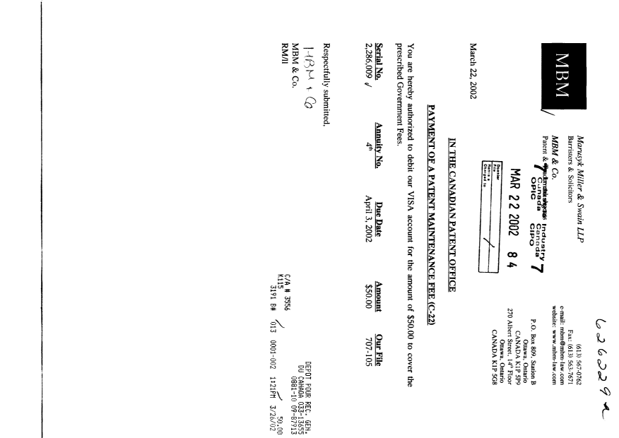 Document de brevet canadien 2286009. Taxes 20020322. Image 1 de 1