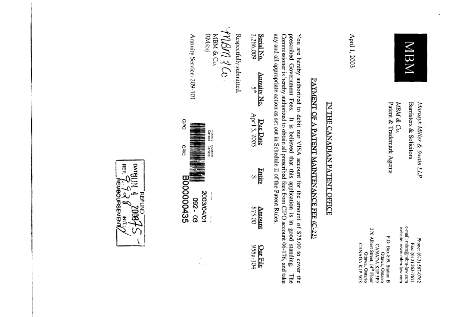 Document de brevet canadien 2286009. Taxes 20030401. Image 1 de 1