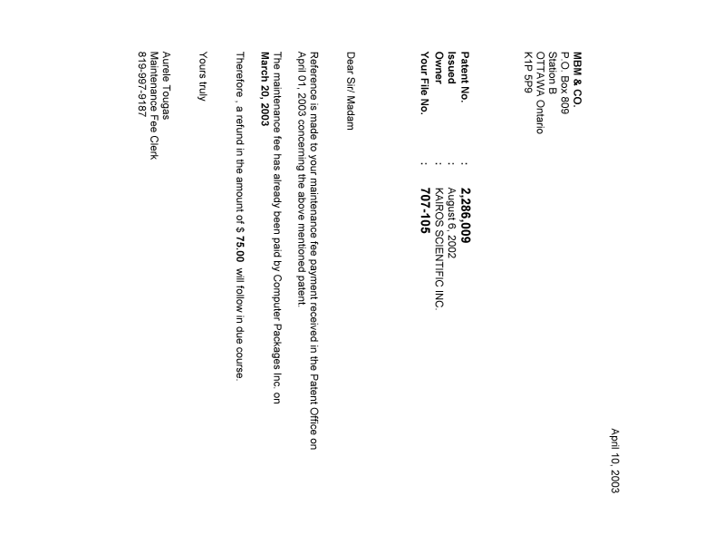 Document de brevet canadien 2286009. Correspondance 20030410. Image 1 de 1