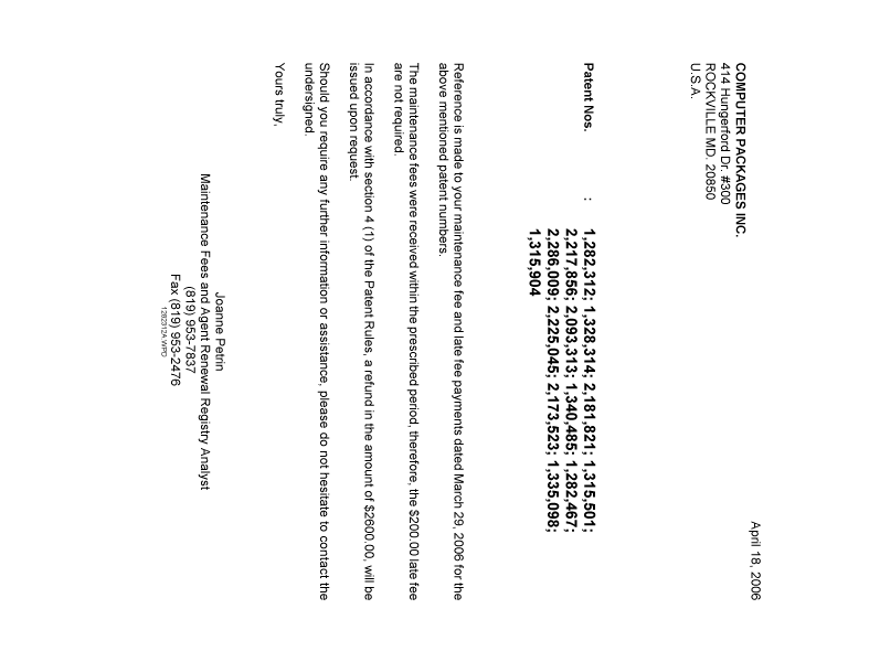 Document de brevet canadien 2286009. Correspondance 20060418. Image 1 de 1