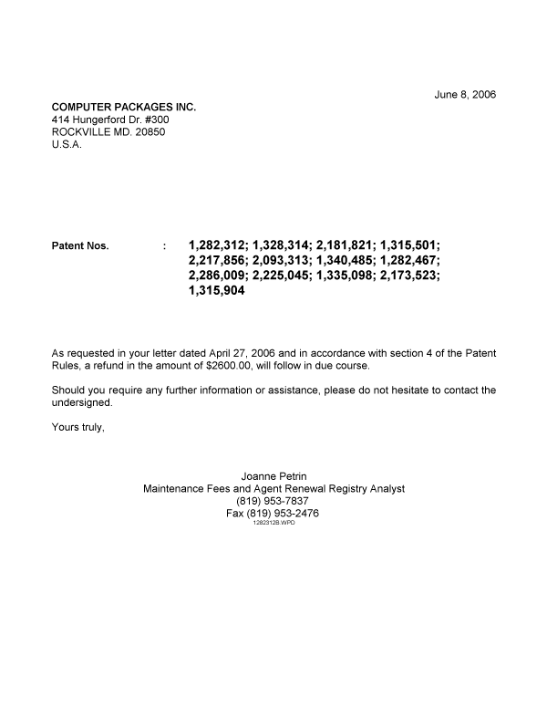 Canadian Patent Document 2286009. Correspondence 20060608. Image 1 of 1