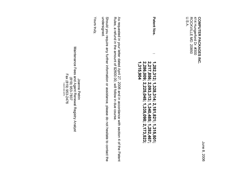 Document de brevet canadien 2286009. Correspondance 20060608. Image 1 de 1
