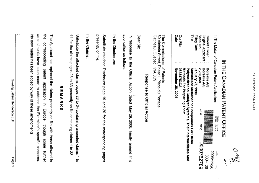 Document de brevet canadien 2286050. Poursuite-Amendment 20061128. Image 1 de 19