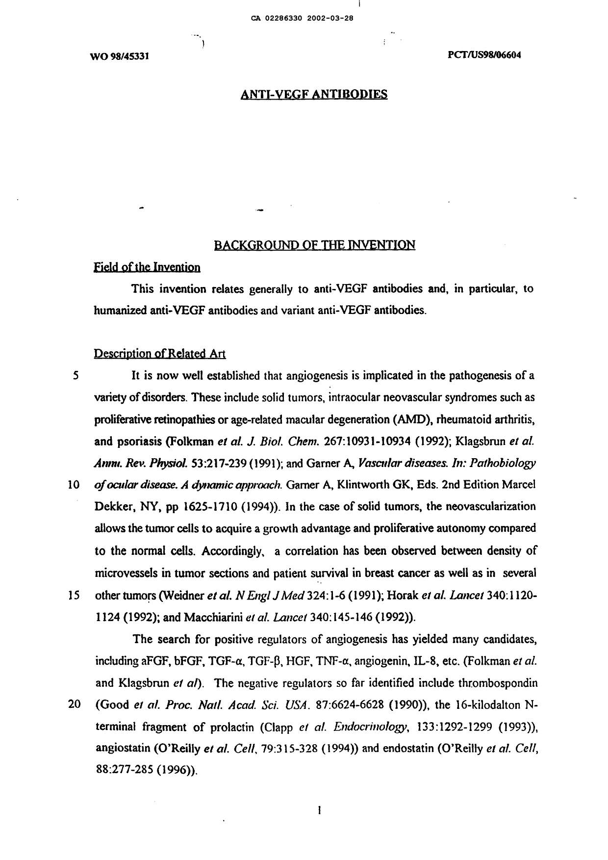 Canadian Patent Document 2286330. Description 20020328. Image 1 of 127