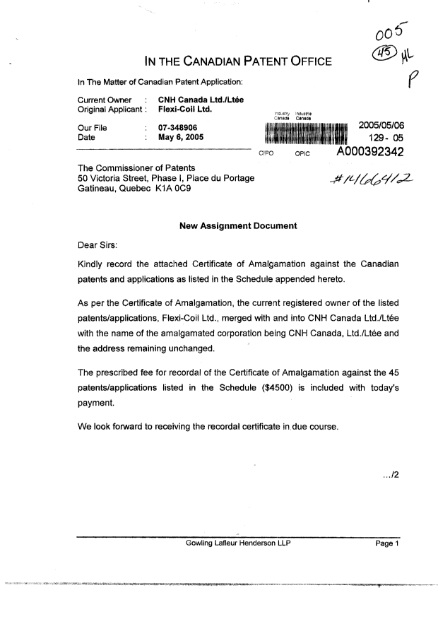 Document de brevet canadien 2286410. Cession 20050506. Image 1 de 7